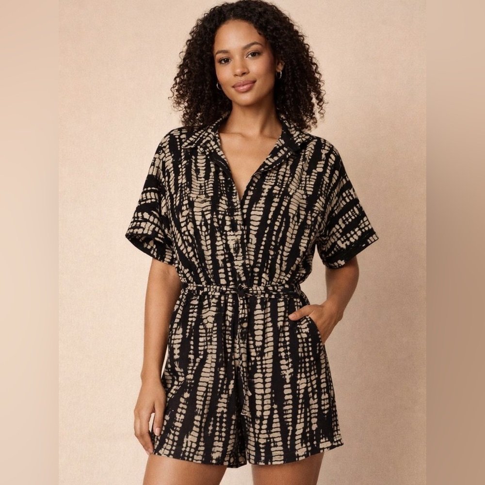 Black Ivory Abstract Print Romper | Collared | Tie Waist |  Short Sleeve